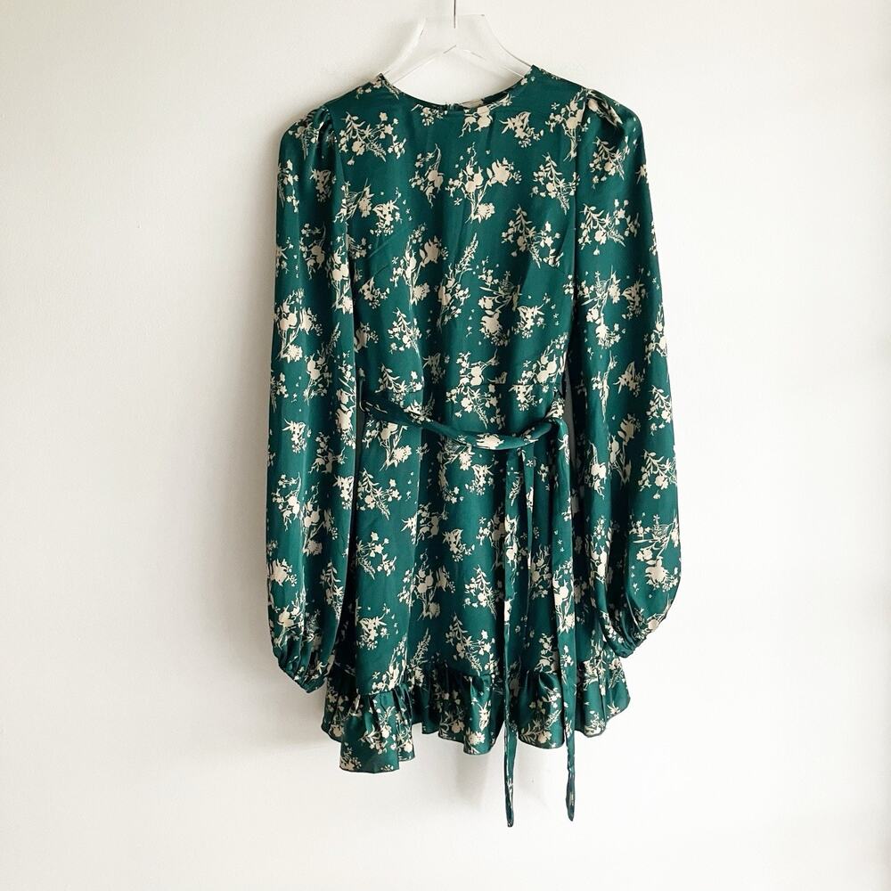 PLS READ Nasty Gal Size 0 Dress Green Floral Print Tie Ruffle Balloon Sleeve